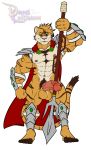  anthro armor balls clothing darius_leodragon feline half-erect humanoid_penis looking_at_viewer male mammal melee_weapon muscular muscular_male pecs penis polearm pubes smile solo spear standing vein weapon 