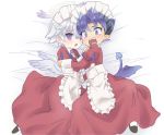  alternate_costume angel angel_and_devil angel_wings apron blue_hair blush crossdressing demon_boy demon_tail demon_wings enmaided fang full_body halo horns inuzumi looking_at_viewer low_wings luke_venus maid maid_apron maid_headdress male_focus mini_wings multiple_boys on_bed open_mouth pointy_ears pop-up_story purple_eyes silver_hair tail waist_apron white_background wings ziz_glover 