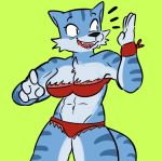  2017 abs anthro big_breasts bikini biped blue_fur breasts cheek_tuft chest_tuft cleavage clothed clothing digital_media_(artwork) fangs feline female fur gabbah green_background hi_res maltese_tiger mammal markings midriff multicolored_fur muscular navel open_mouth open_smile pose sharp_teeth simple_background skimpy smile solo standing swimsuit teeth ti tiger tuft two_tone_fur voluptuous yin_yang_yo 
