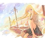  barefoot black_dress blonde_hair chichi262 cloud cloudy_sky dress evangeline_a_k_mcdowell eyebrows_visible_through_hair flat_chest long_hair looking_at_viewer mahou_sensei_negima! open_mouth purple_eyes sitting sky solo uq_holder! very_long_hair wind 