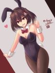  animal_ears black_hair black_leotard bow bowtie breasts brown_eyes brown_legwear bunny_ears bunny_tail bunnysuit cleavage detached_collar dutch_angle fishnet_pantyhose fishnets hair_ornament haura_akitoshi kantai_collection leotard looking_at_viewer medium_breasts pantyhose red_neckwear remodel_(kantai_collection) sendai_(kantai_collection) solo strapless strapless_leotard tail twitter_username two_side_up wrist_cuffs 