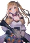  bangs bare_shoulders black_panties blush breasts brown_eyes brown_hair brown_legwear cleavage collar collarbone commentary_request confetti eyebrows_visible_through_hair fingerless_gloves girls_frontline gloves gun hair_ornament hairclip hanato_(seonoaiko) head_tilt holding holding_gun holding_weapon k-2_(girls_frontline) light_particles long_hair looking_at_viewer medium_breasts miniskirt off_shoulder one_side_up open_mouth panties pantyhose simple_background skirt smile solo trigger_discipline twitter_username underwear weapon white_background 