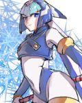  1girl android armpits blue_eyes bodysuit capcom helmet holding leviathan_(rockman) looking_at_viewer looking_to_the_side navel rockman rockman_zero small_breasts smile solo wide_hips 
