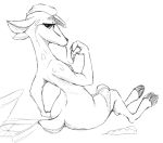  anthro black_and_white cervine cloven_hooves deer eating female food full-length_portrait holding_food holding_object hooves looking_at_viewer mammal monochrome mostly_nude naked_hat pizza portrait rear_view rella_(chillyjackal) simple_background solo w4g4 white_background 