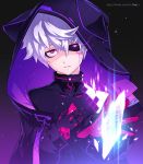  add_(elsword) animal_hood black_sclera bodysuit cat_hood colorized commentary_request elsword expressionless facial_tattoo gloves hand_on_own_chest highres hood mad_paradox_(elsword) mismatched_sclera pixel_(monorainy) purple_eyes shaded_face silver_hair simple_background tattoo twitter_username younger 