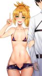  1boy 1girl areola_slip areolae bangs bar_censor bare_shoulders bikini black_hair blonde_hair blue_bikini_top blush breasts censored chaldea_uniform collarbone cutoffs denim denim_shorts fate/apocrypha fate/grand_order fate_(series) fujimaru_ritsuka_(male) green_eyes hair_ornament hair_scrunchie hand_gesture highres hips long_hair looking_at_viewer micro_bikini mordred_(fate) mordred_(fate)_(all) mutsu_ane_daisuki navel open_mouth parted_bangs partially_visible_vulva ponytail red_scrunchie scrunchie short_shorts shorts sidelocks simple_background small_breasts smile solo_focus standing swimsuit thighs v white_background 