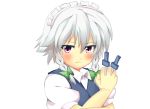  blush braid collared_shirt cycloneyukari frown holding holding_knife izayoi_sakuya knife knives_between_fingers looking_at_viewer maid_headdress red_eyes serious shirt solo touhou twin_braids upper_body vest white_hair younger 