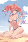 absurdres ahoge aqua_eyes beach bikini blue_bikini blue_sky breasts closed_mouth cloud covered_nipples darling_in_the_franxx day highres looking_at_viewer medium_breasts miku_(darling_in_the_franxx) navel red_hair sand short_hair sitting sky solo swimsuit twintails zipplin 