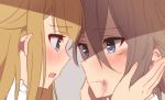  ange_(princess_principal) bangs blonde_hair blue_eyes blush brown_hair bruise closed_mouth eye_contact eyebrows_visible_through_hair fingernails hair_between_eyes hair_flaps hands_on_another's_cheeks hands_on_another's_face injury long_hair looking_at_another multiple_girls open_mouth princess_(princess_principal) princess_principal sorimachi-doufu tears yuri 