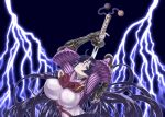  armor bangs black_background bodysuit breasts commentary_request electricity fate/grand_order fate_(series) highres holding holding_sword holding_weapon huge_breasts isse japanese_armor katana lightning long_hair minamoto_no_raikou_(fate/grand_order) purple_bodysuit purple_eyes purple_hair rope solo sword upper_body very_long_hair weapon 