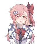  blush braid commentary_request girls_frontline hair_ornament hair_ribbon hairclip hexagram jingo korean_commentary long_hair looking_at_viewer negev_(girls_frontline) one_side_up pink_eyes pink_hair pov ribbon simple_background smile star_of_david 