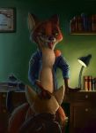  2018 anthro bottomless canine clothed clothing desk dingo disney eoin_o&#039;dwyer fellatio fox fur idrawpornsometimes invalid_tag male male/male mammal nick_wilde night oral orgasm painting panting police relief sex zootopia 