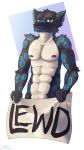  2018 anthro autumn_sins black_fur censored convenient_censorship countershading feline fur green_eyes half_body leopard looking_at_viewer male mammal muscular muscular_male nipples portrait reaction_image sign simple_background smile solo spots text 