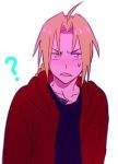  ? black_shirt blonde_hair braid coat edward_elric frown fullmetal_alchemist looking_at_viewer male_focus open_mouth red_coat riru shirt simple_background solo standing sweatdrop white_background yellow_eyes 