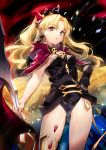  backlighting bangs between_breasts black_legwear black_leotard blonde_hair blue_pupils bow breasts capelet contrapposto cowboy_shot detached_sleeves earrings ereshkigal_(fate/grand_order) fate/grand_order fate_(series) hair_bow hand_on_hip highres holding infinity jewelry leotard long_hair long_sleeves looking_at_viewer medium_breasts motion_blur parted_bangs parted_lips pink_bow pink_capelet red_eyes sheska_xue single_detached_sleeve single_thighhigh skull solo sparkle spine standing strap_cleavage thighhighs tiara two_side_up very_long_hair 