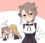  3: =_= ange_(princess_principal) animal_ears bangs black_dress black_ribbon blue_eyes blush braid breasts brown_hair cat_ears cat_girl cat_tail closed_eyes dress eyebrows_visible_through_hair hair_between_eyes hair_ribbon head_tilt highres kemonomimi_mode long_sleeves medium_breasts multiple_girls princess_(princess_principal) princess_principal ribbon school_uniform scratching_cheek shirt sorimachi-doufu sweat tail translated trembling white_shirt yuri 