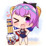  &gt;_o ;d bare_arms bare_legs bare_shoulders barefoot black_bow blue_swimsuit blush bow chibi commentary_request fate/grand_order fate_(series) full_body gatling_gun goggles goggles_on_head hair_bow hana_kazari hand_on_hip heart helena_blavatsky_(fate/grand_order) helena_blavatsky_(swimsuit_archer)_(fate) high_ponytail looking_at_viewer one-piece_swimsuit one_eye_closed open_mouth outstretched_arm ponytail purple_eyes purple_hair smile solo standing swimsuit upper_teeth 