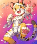  anthro black_fur blush bulge claws cub feline fur hindpaw kemono male mammal mostly_nude open_mouth pawpads paws raier smile solo teeth tiger tongue unrealplace white_fur yellow_eyes yellow_fur young 