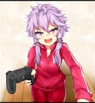  alternate_costume controller fang game_controller hair_between_eyes hair_ornament holding long_sleeves looking_at_viewer low_twintails messy_hair open_mouth playstation_controller purple_eyes purple_hair red_track_suit short_hair_with_long_locks smile solo track_suit twintails vocaloid voiceroid wooden_floor yarareimu yuzuki_yukari zipper zipper_pull_tab 