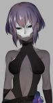  1girl backless_outfit bare_shoulders breasts center_opening dark_skin elbow_sleeve fate/grand_order fate/prototype fate/prototype:_fragments_of_blue_and_silver fate_(series) hassan_of_serenity_(fate) looking_at_viewer medium_breasts midriff navel purple_hair short_hair simple_background sino42 skull_mask solo upper_body 