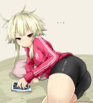  1girl ass ayaki_fuyuka bangs bike_shorts black_eyes black_shorts blonde_hair blush cellphone clothes_writing eyebrows_visible_through_hair fate/grand_order fate_(series) half-closed_eyes highres jacket long_sleeves looking_at_phone lying on_side original phone pillow red_jacket short_hair_with_long_locks shorts smartphone solo track_jacket yarareimu 