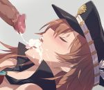 1girl akira_(coffee_curry) bangs blush brown_hair censored closed_eyes commentary_request cum cum_in_mouth eyebrows_visible_through_hair fellatio granblue_fantasy grey_background hat hetero lecia_(granblue_fantasy) long_hair lying mosaic_censoring on_back open_mouth oral out_of_frame peaked_cap penis simple_background solo_focus sweat tongue tongue_out 