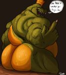  anthro beckoning big_butt butt crocodilian crown donkey_kong_(series) english_text huge_butt king_k_rool male musclegut muscular muscular_male nintendo nude open_mouth overweight reptile scalie sitting solo sweat text uniparasite video_games 
