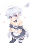  alternate_costume angel angel_wings angry apron blush bow bowtie crossdressing detached_collar embarrassed enmaided halo inuzumi looking_at_viewer low_wings luke_venus maid maid_apron male_focus mini_wings pointy_ears pop-up_story purple_eyes silver_hair solo thighhighs waist_apron white_background wings 