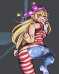  american_flag american_flag_legwear american_flag_shirt ass bare_arms blonde_hair butt_crack clownpiece cowboy_shot eyebrows_visible_through_hair fairy_wings fingernails frilled_shirt_collar frills from_behind gengoroumaru_(ambidextrous) grin hat highres jester_cap knee_up leaning_forward long_hair looking_at_viewer looking_back neck_ruff pantyhose pointy_ears print_legwear purple_eyes sharp_fingernails shirt_tug short_sleeves smile solo standing standing_on_one_leg star star_print striped striped_legwear touhou wings wrist_extended 