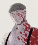  ajin_(sakurai_gamon) blood blood_on_face blood_splatter bloody_clothes flat_cap hat highres ichiban_shibori male_focus old_man open_eyes orange_eyes satou_(ajin) shirt simple_background smile solo suspenders upper_body white_hair 