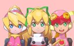  aqua_eyes bangs blonde_hair blue_eyes blush capcom ciel_(rockman) commentary_request eyebrows_visible_through_hair green_eyes hair_between_eyes hair_ornament hair_ribbon headgear helmet high_ponytail highres multiple_girls open_mouth pink_background ponytail ribbon rockman rockman_(classic) rockman_exe rockman_zero roll roll_exe sidelocks simple_background smile teeth tonami_kanji trait_connection 