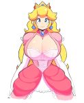  adapted_costume blonde_hair blue_eyes bra breasts cleavage crown dress earrings elbow_gloves gloves highres huge_breasts jewelry lace lace_bra lips long_hair looking_at_viewer mario_(series) necklace princess_peach simple_background sketch solo super_mario_bros. theycallhimcake underwear white_background white_bra 