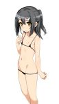 :o bare_arms bare_legs bare_shoulders bikini black_bikini black_hair blush breasts collarbone fate/kaleid_liner_prisma_illya fate_(series) feet_out_of_frame hair_ornament hairclip hand_up long_hair looking_at_viewer micro_bikini miyu_edelfelt namonashi navel parted_lips ponytail shiny shiny_hair sidelocks simple_background small_breasts solo standing stomach string_bikini swimsuit white_background yellow_eyes 