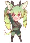  absurdres anchovy animal_ears anzio_military_uniform arm_up bangs belt black_belt black_footwear black_neckwear black_ribbon black_shirt boots chibi commentary dog_ears dog_tail dress_shirt drill_hair eyebrows_visible_through_hair full_body girls_und_panzer green_hair grey_jacket grey_pants hair_ribbon hand_on_hip highres holding jacket kemonomimi_mode knee_boots long_hair long_sleeves looking_at_viewer military military_uniform miluke necktie open_mouth pants red_eyes ribbon riding_crop sam_browne_belt shirt smile solo standing tail transparent_background twin_drills twintails uniform v-shaped_eyebrows 