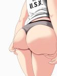  absurdres ass ass_focus ass_support bare_arms boyshorts close-up clothes_writing derivative_work from_behind highres intrepid_(kantai_collection) kantai_collection kilroylw lower_body shirt simple_background solo standing white_background white_shirt 