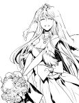 azur_lane bangs bouquet breasts bridal_veil bride cleavage closed_eyes commentary_request cowboy_shot crown dress dress_bow earrings enterprise_(azur_lane) floating_hair flower greyscale highres holding holding_bouquet jewelry kapiko long_hair medallion medium_breasts mini_crown monochrome neck_garter rose smile solo veil very_long_hair wedding_dress 