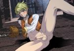  1boy ass blonde_hair blue_eyes bottomless gloves male_focus penis restrained shima_kyousuke solo testicles 