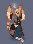  2018 anthro arms_above_head avian barefoot bird candle clothing cosplay female foot_wraps gryphon missn occultist_(dd) owl pants robe simple_background sketch skull solo sona_(noxiis) turban wings wraps 