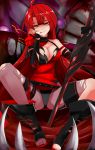  :p ahoge asymmetrical_clothes black_footwear black_leotard bloody_queen_(elsword) boots breasts brown_eyes cleavage elesis_(elsword) elsword full_body grey_legwear highres kotuzui_yositune large_breasts leotard long_hair looking_at_viewer pantyhose red_hair sitting smile solo spread_legs sword tongue tongue_out torn_clothes torn_legwear weapon 