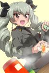  :d anchovy anzio_military_uniform bangs belt black_neckwear black_ribbon black_shirt blurry blurry_background commentary_request cookie cracked_egg dress_shirt drill_hair dutch_angle egg eyebrows_visible_through_hair food girls_und_panzer green_background green_hair grey_jacket hair_ribbon holding holding_food jacket kanau long_hair long_sleeves looking_at_viewer military military_uniform necktie open_mouth red_eyes ribbon sam_browne_belt shaker shirt simple_background skillet smile solo twin_drills twintails uniform upper_body wing_collar 