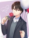  2018 artist_name balloon bangs black_jacket black_sweater brown_eyes brown_hair character_request closed_mouth collared_shirt flower heart hitsuki_rei holding holding_balloon holding_flower jacket leaf long_sleeves looking_at_viewer male_focus open_clothes open_jacket purple_background purple_ribbon red_flower red_rose ribbon rose shirt smile snowdreams_-lost_in_winter- solo sweater upper_body white_day white_shirt 