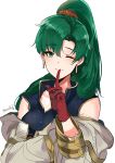  ;) absurdres asymmetrical_bangs bangs bare_shoulders black_vest blush closed_mouth cosplay earrings eyebrows_visible_through_hair fire_emblem fire_emblem:_rekka_no_ken fire_emblem_heroes gloves green_eyes green_hair high_ponytail highres hood index_finger_raised jewelry lips long_hair long_sleeves looking_at_viewer lyndis_(fire_emblem) off_shoulder one_eye_closed open_clothes ormille ponytail red_gloves shiny shiny_hair simple_background smile solo summoner_(fire_emblem_heroes) twitter_username upper_body vest white_background 