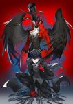  amamiya_ren arsene_(persona_5) black_hair chain gloves hat looking_at_viewer male_focus mask naru_(rurukiu) persona persona_5 red_eyes short_hair smile solo top_hat weapon wings 