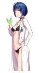  antenna_hair bangs black_bra black_choker black_panties blue_hair blunt_bangs bra breast_pocket breasts choker cleavage cloba closed_mouth collarbone cropped_legs cup dated drinking_glass eyebrows_visible_through_hair hand_on_hip highres holding holding_cup jewelry labcoat lips liquid long_sleeves looking_at_viewer navel necklace panties pendant persona persona_5 pocket red_eyes shiny shiny_hair short_hair signature simple_background small_breasts smile solo standing stomach studded_choker syringe takemi_tae thighs unbuttoned underwear white_background 