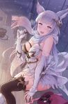  :d animal_ears bangs bare_shoulders black_legwear blue_eyes blunt_bangs blush box breasts chocolate cleavage commentary_request deck dress elbow_gloves eliskalti erune fingerless_gloves gloves granblue_fantasy hair_ornament heart-shaped_box highres korwa long_hair looking_at_viewer medium_breasts open_mouth outdoors revision scarf ship silver_hair sitting skindentation smile solo thighhighs valentine watercraft white_gloves white_legwear 