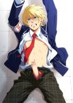  1boy blonde_hair blue_eyes blush clenched_teeth erection lying male_focus penis restrained school_uniform shima_kyousuke solo solo_focus unbuttoned undressing 