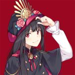  :3 bangs black_hair blunt_bangs blush eyebrows_visible_through_hair family_crest fate/grand_order fate_(series) flower hat hat_tip long_hair long_sleeves looking_at_viewer military military_uniform nagu oda_nobunaga_(fate) peaked_cap puffy_sleeves red_background red_eyes red_ribbon ribbon simple_background solo uniform upper_body 