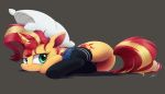  2018 blue_eyes butt clothed clothed_feral clothing digital_media_(artwork) equestria_girls equine eyelashes featureless_crotch female feral grumpy hair hi_res horn legwear mammal multicolored_hair multicolored_tail my_little_pony ncmares pillow simple_background solo sunset_shimmer_(eg) two_tone_hair unicorn 