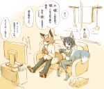  anthro barefoot beverage black_nose blue_fur blue_hair canine clothing dipstick_tail duo female fox fox_mccloud fur green_eyes hair headband hi6sho japanese_text krystal male mammal markings multicolored_tail nintendo short_hair sofa star_fox tailband text toy video_games white_fur wii 