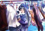  :d absurdres animal_ears black_gloves black_hair black_skirt blue_sky blurry bow bowtie clothes_hanger clothes_pin commentary_request common_raccoon_(kemono_friends) day depth_of_field fur_collar gloves grey_hair highres holding holding_towel kemono_friends laundry laundry_pole looking_at_viewer miniskirt multicolored_hair noah_(noxxxmo) open_mouth outdoors panties pink_sweater pleated_skirt print_legwear raccoon_ears raccoon_tail serval_print skirt sky smile solo sweater tail towel underwear white_hair 